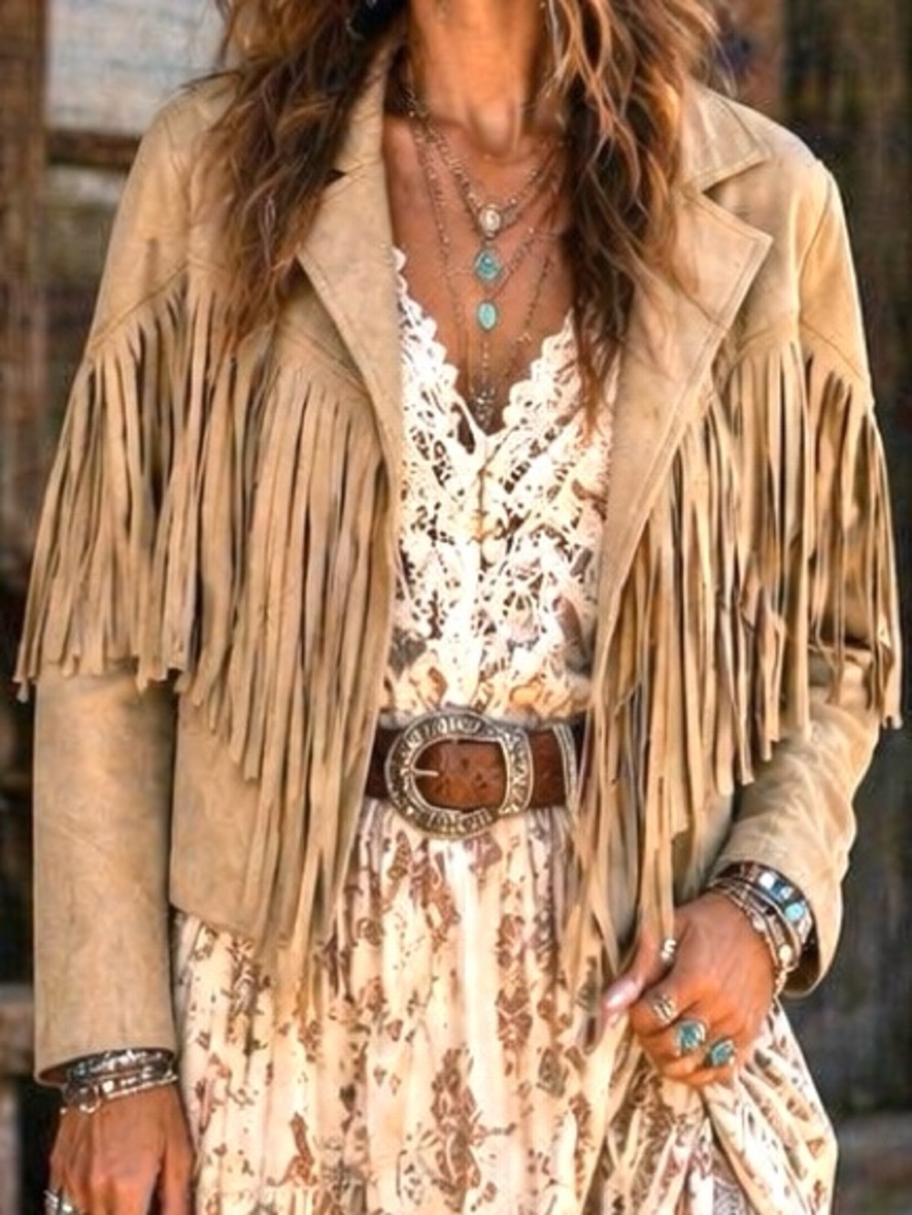 Western Boho Chic Fringed Suede Jacket Tan - Women's Western Style Size Small - Picture 4 of 10